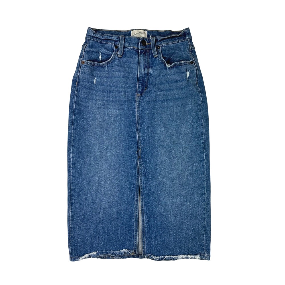 Universal Thread Denim Midi Skirt Women's 4 Front Slit Raw Hem Distressed Casual